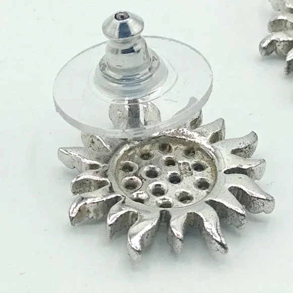 Silver Stamped S25 Starburst Sunburst Snowflake Rhinestone Post Back Earrings - Picture 5 of 7